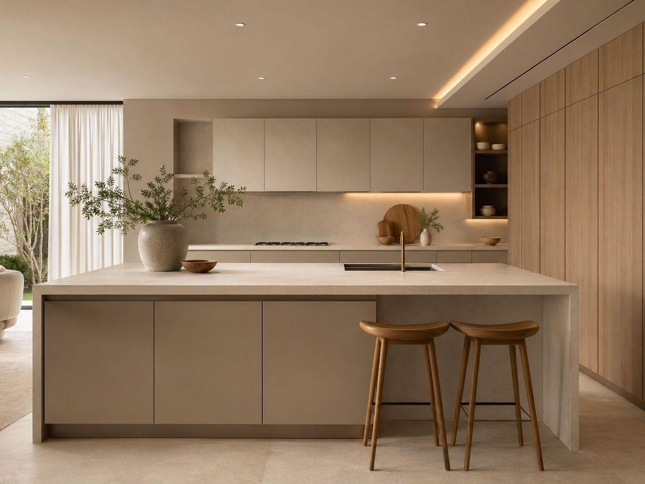 Kitchen atmosphere study: pale mineral countertop, warm taupe cabinetry, and calm integrated storage in a luxury residential setting. — 304 stainless steel cabinetry editorial by Fadior