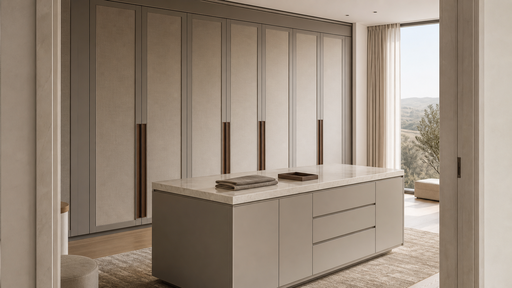 Fadior Radiance Wardrobe Suite with Quartz Dressing Island Wall — lifestyle setting with natural light and residential