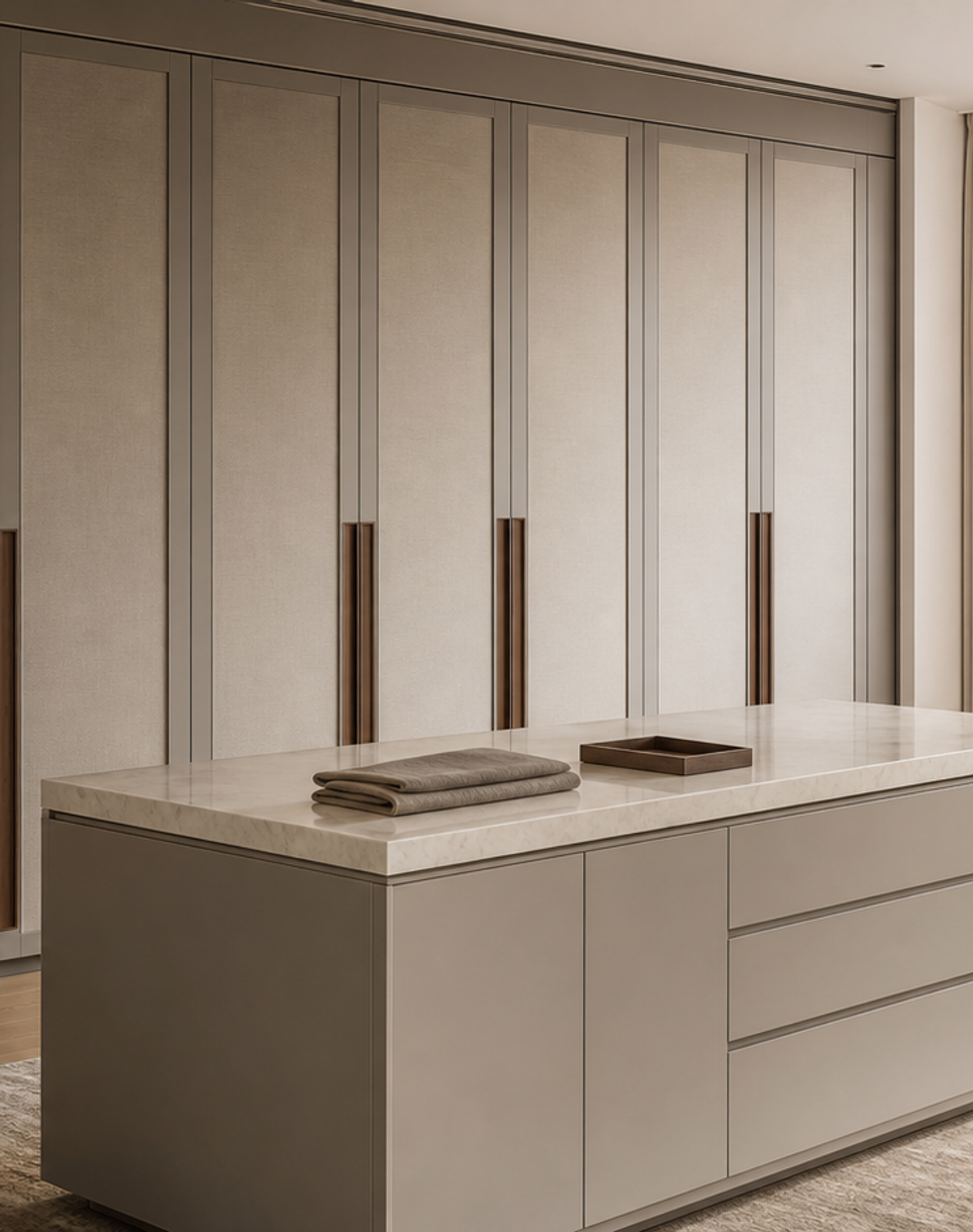 Fadior Radiance Wardrobe Suite with Quartz Dressing Island Wall — lifestyle setting with natural light and residential