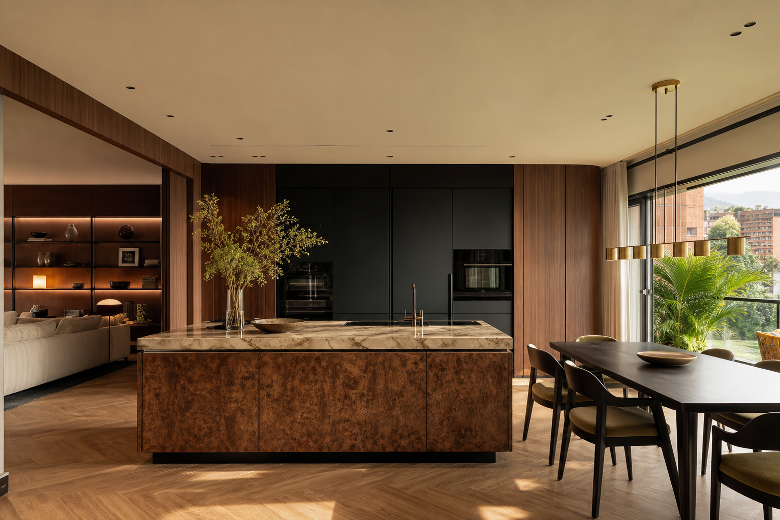 Fadior Medellin 185 sqm Kitchen Apartment — marble island, walnut cabinetry, oak parquet floor, dining table, — 304 stainless steel cabinetry installation by Fadior