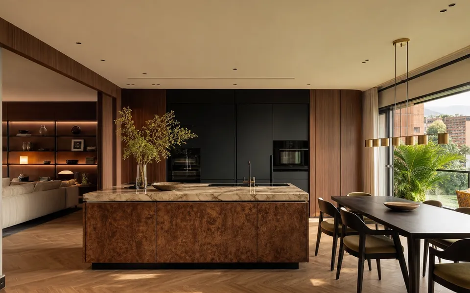 Fadior Medellin 185 sqm Kitchen Apartment — marble island, walnut cabinetry, oak parquet floor, dining table, — 304 stainless steel cabinetry installation by Fadior