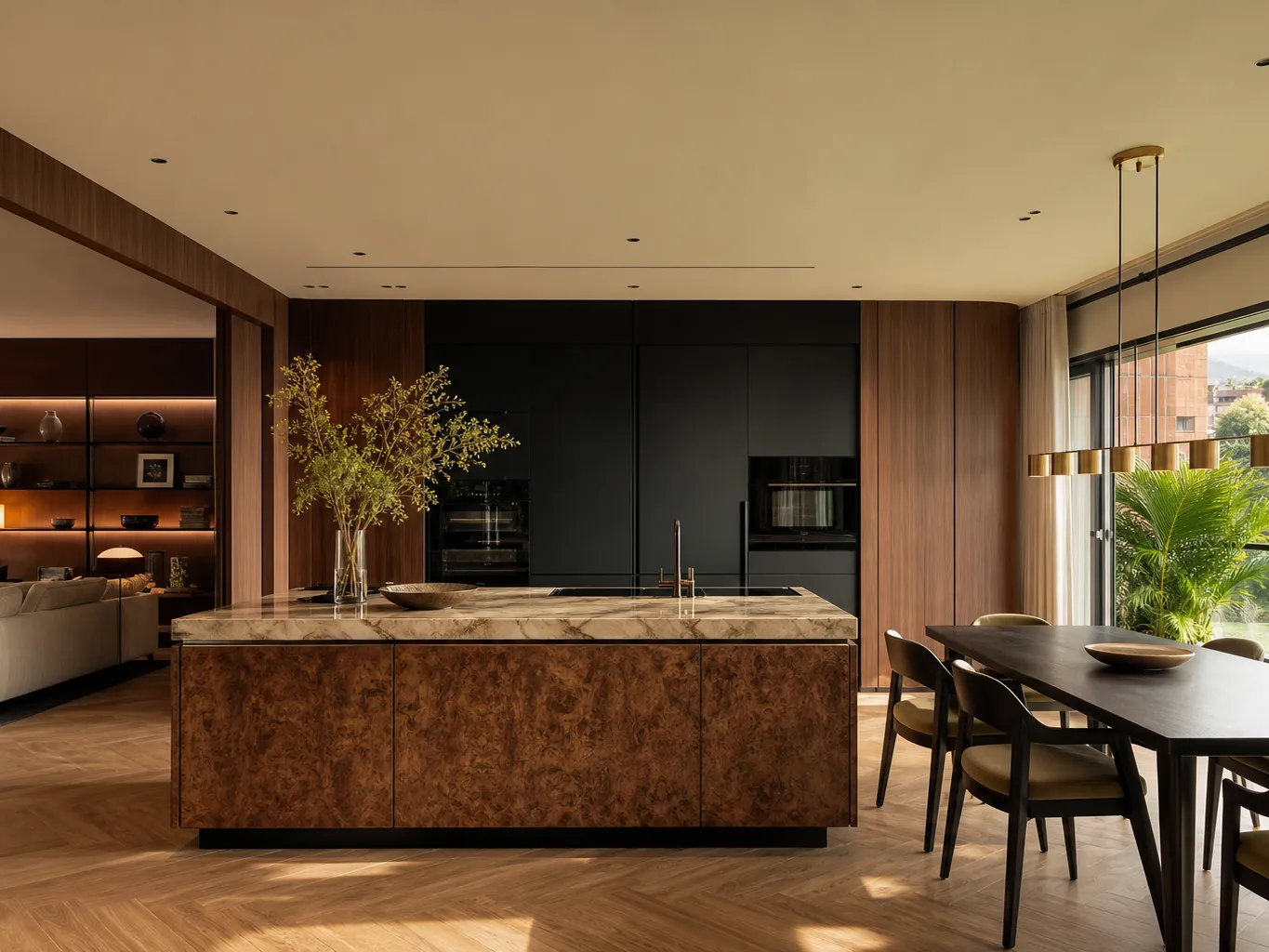 Fadior Medellin 185 sqm Kitchen Apartment — marble island, walnut cabinetry, oak parquet floor, dining table,