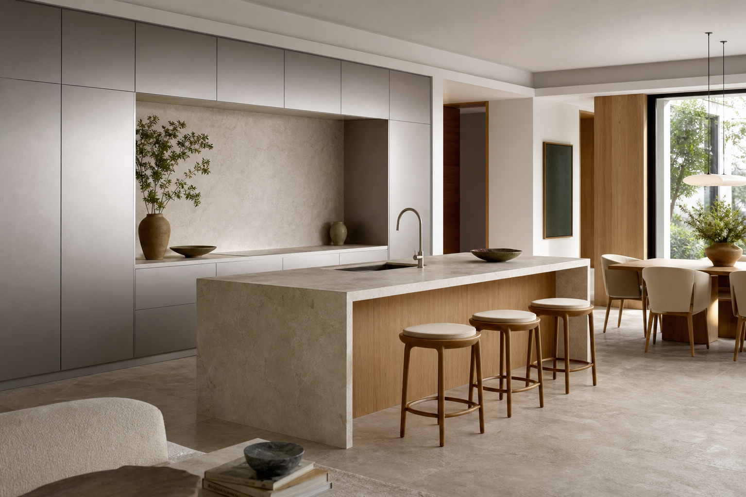 Kitchen decision atmosphere: warm oak-grain fronts, pale stone, and calm silver-toned cabinetry showing a premium comparison context. — 304 stainless steel cabinetry editorial by Fadior