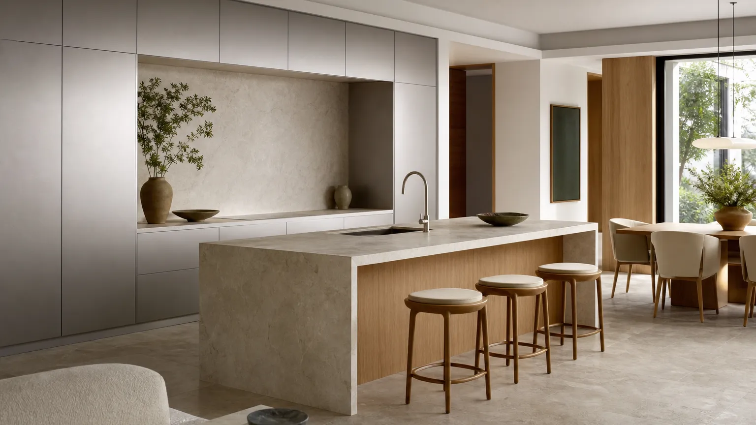 Fadior Kitchen decision atmosphere: warm oak-grain fronts, pale stone,