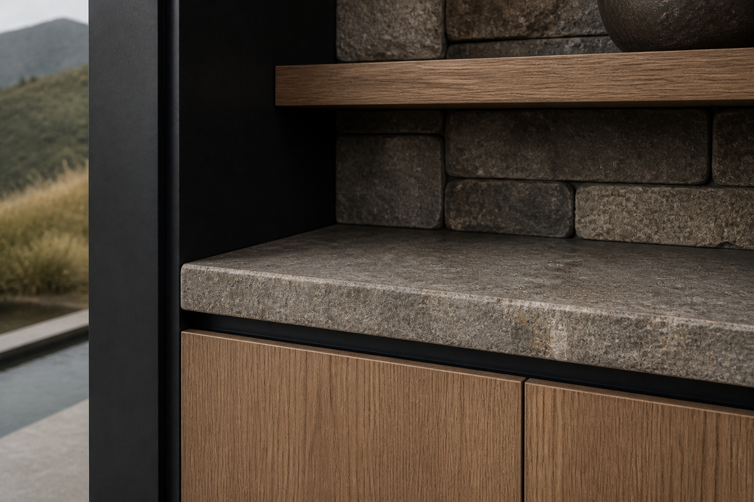 Fadior Zenith Living Room Suite with Low-Sill Art Ledge — close-up of stainless steel finish and hardware detail