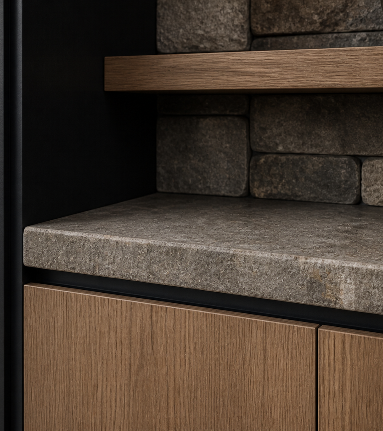 Fadior Zenith Living Room Suite with Low-Sill Art Ledge — close-up of stainless steel finish and hardware detail