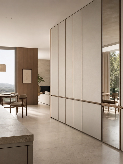 Fadior Miroir Wall Panel Suite with Layered Mirror Datum Wall — 304 stainless steel wall panel system, front view