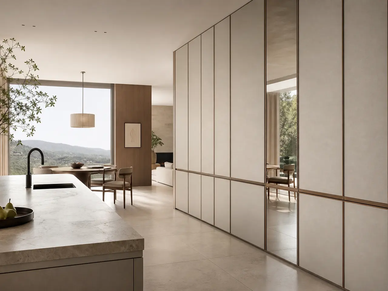 Fadior Miroir Wall Panel Suite with Layered Mirror Datum Wall - 304 stainless steel wall panel system with textured surfaces, shadow reveals, integrated lighting, and concealed doors