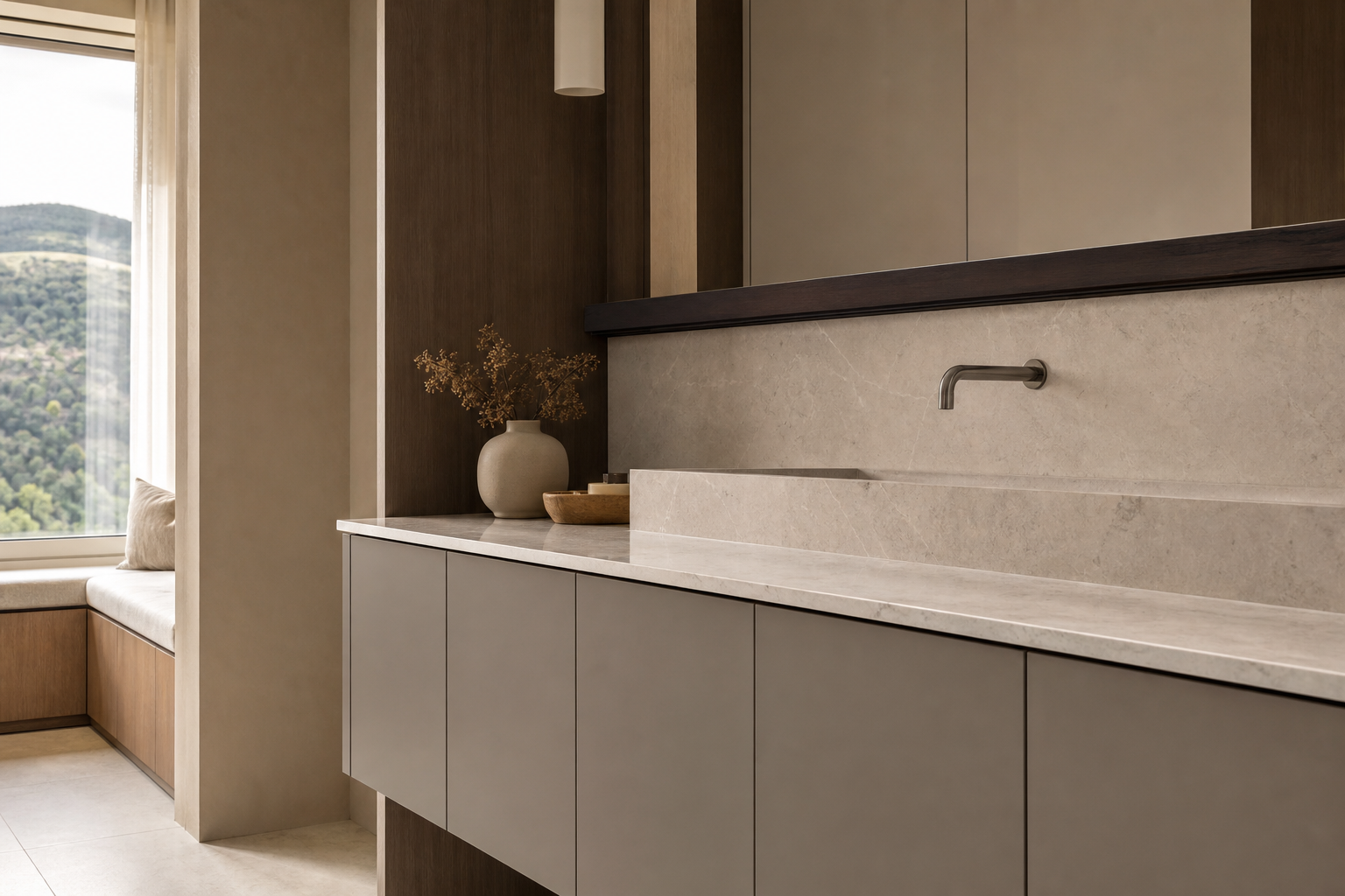 Fadior Voyage Bath Vanity Suite with Obsidian Wash Lintel — close-up of stainless steel finish and hardware detail