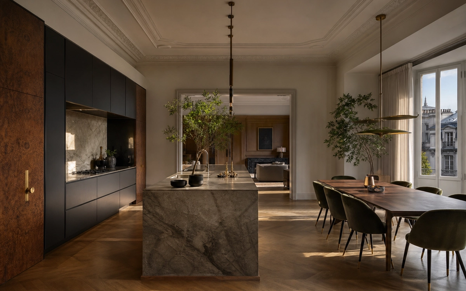 Fadior Milan 120 sqm Kitchen Penthouse — Milan kitchen penthouse with marble island, walnut cabinetry, parquet floor, dining table, window daylight, and brass lighting — 304 stainless steel cabinetry installation by Fadior