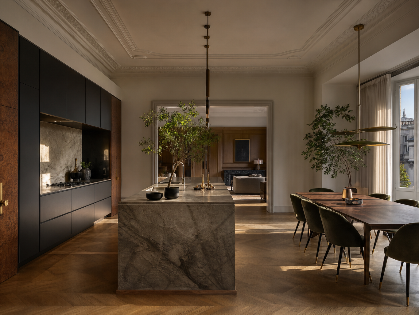 Fadior Milan 120 sqm Kitchen Penthouse — Milan kitchen penthouse with marble island, walnut cabinetry, parquet floor, dining table, window daylight, and brass lighting