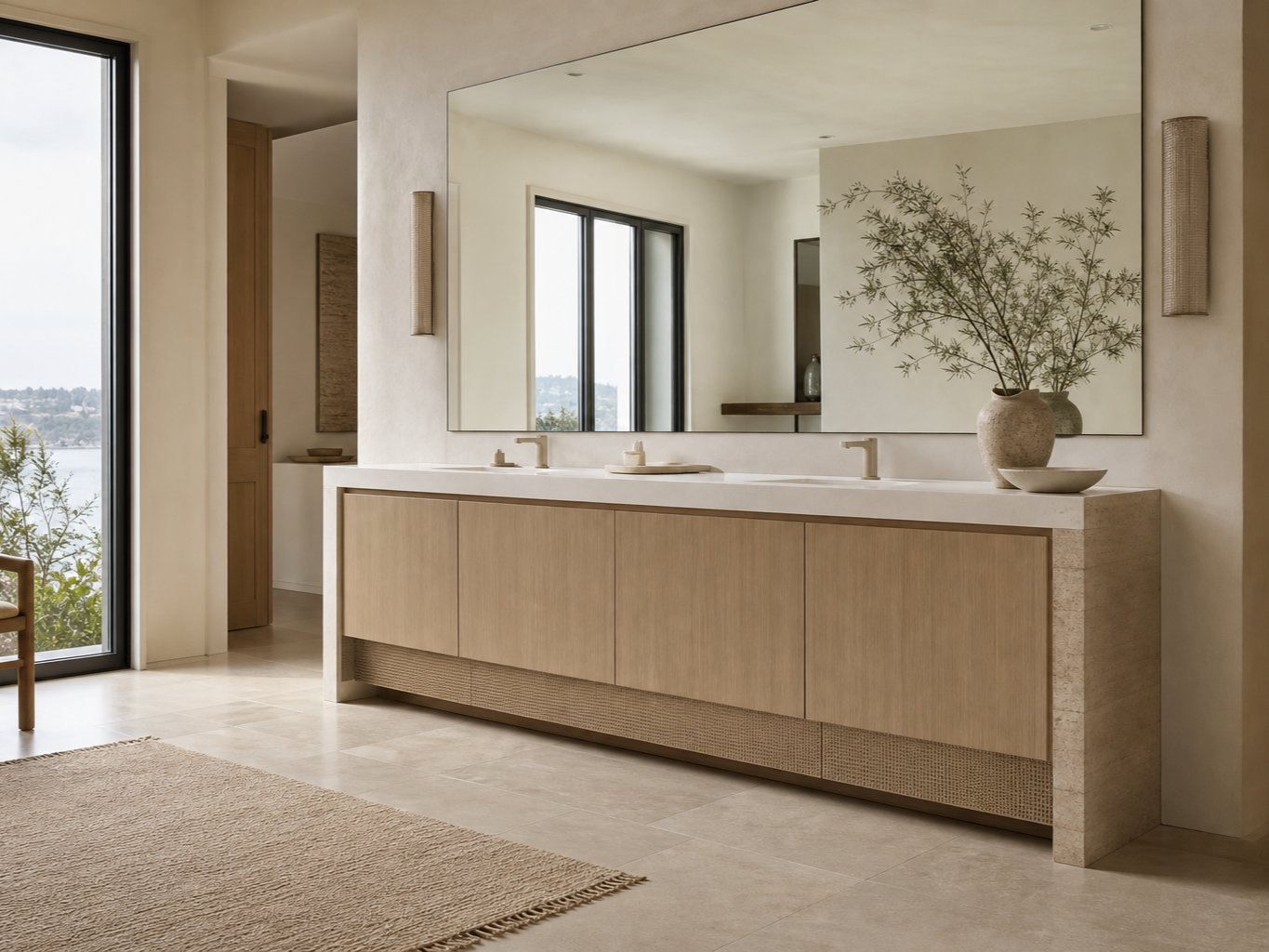 Fadior Voyage Bath Caned Travertine Linen Plinth — interior room context showing cabinet integration