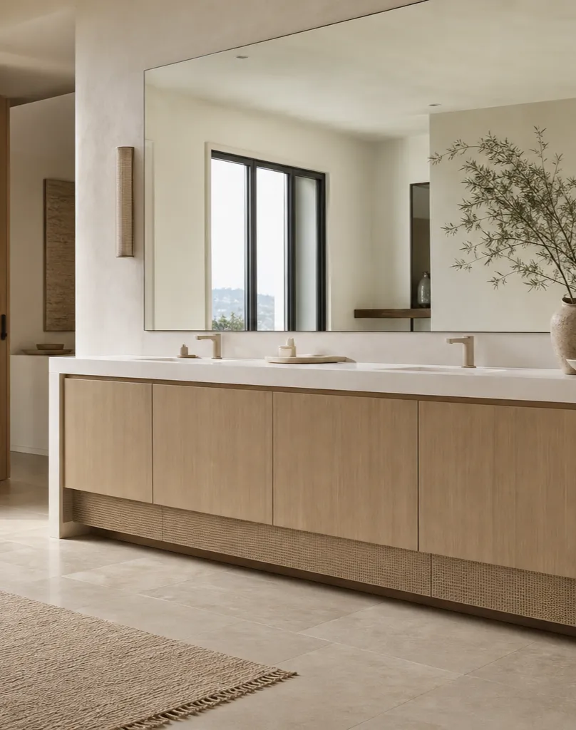 Fadior Voyage Bath Caned Travertine Linen Plinth — interior room context showing cabinet integration