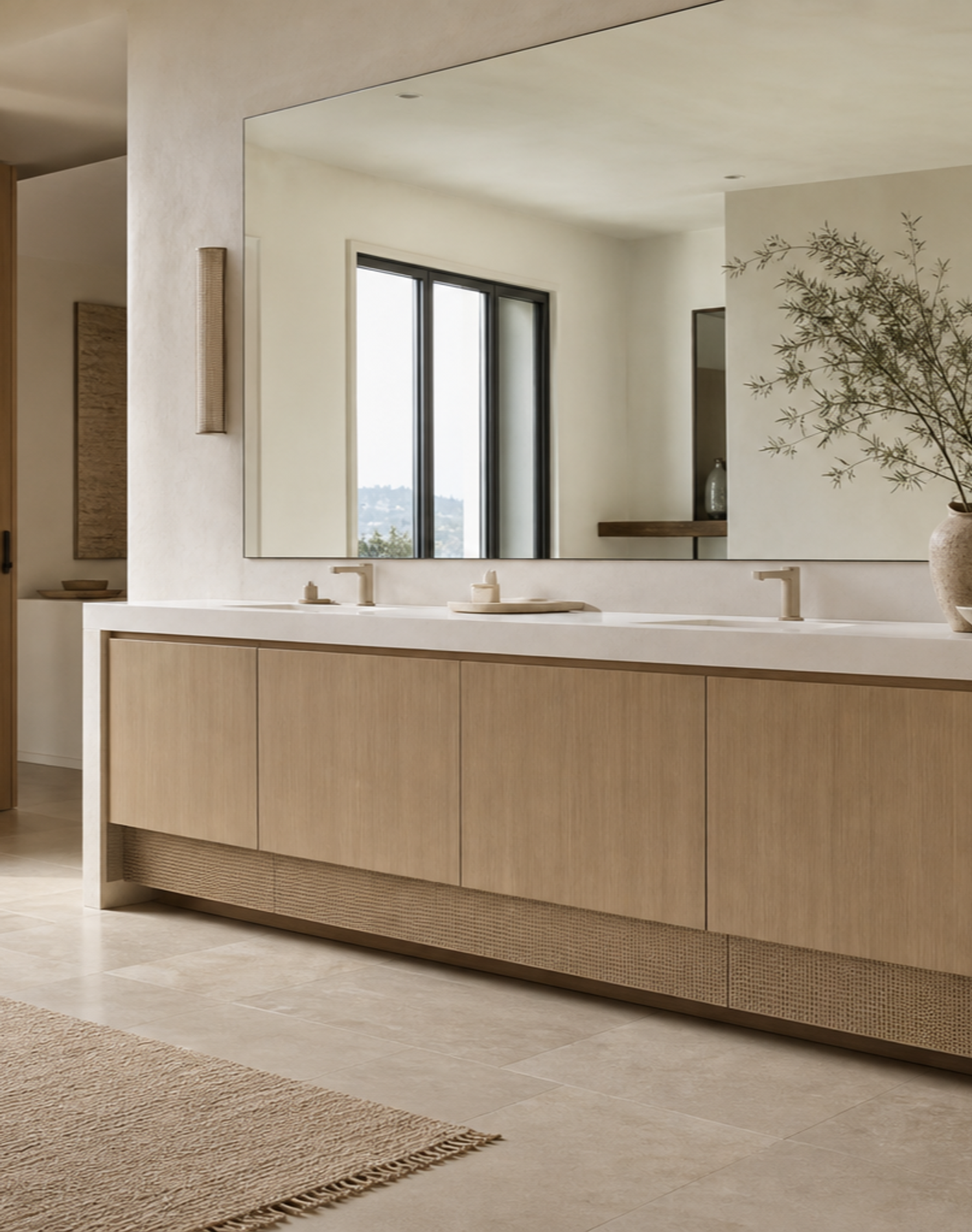 Fadior Voyage Bath Caned Travertine Linen Plinth — interior room context showing cabinet integration