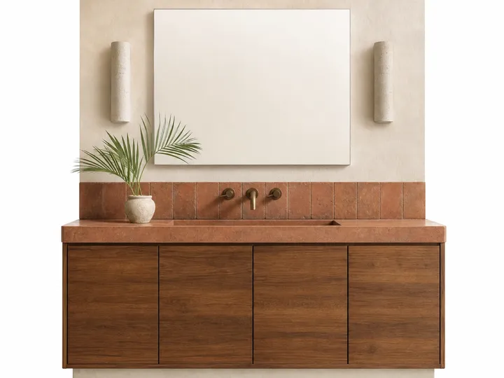Fadior Voyage Bath Vanity with Lime Plaster Basin Console — 304 stainless steel bath and vanity system, front view