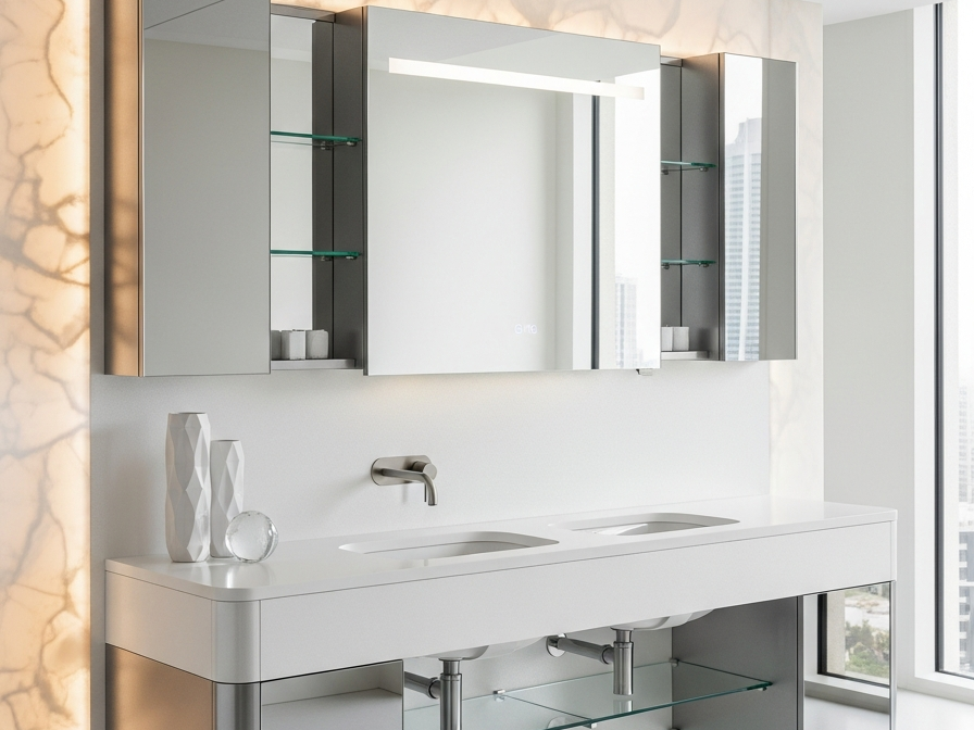 Fadior Acqua Luminous Vanity — 304 stainless steel bath and vanity system, front view