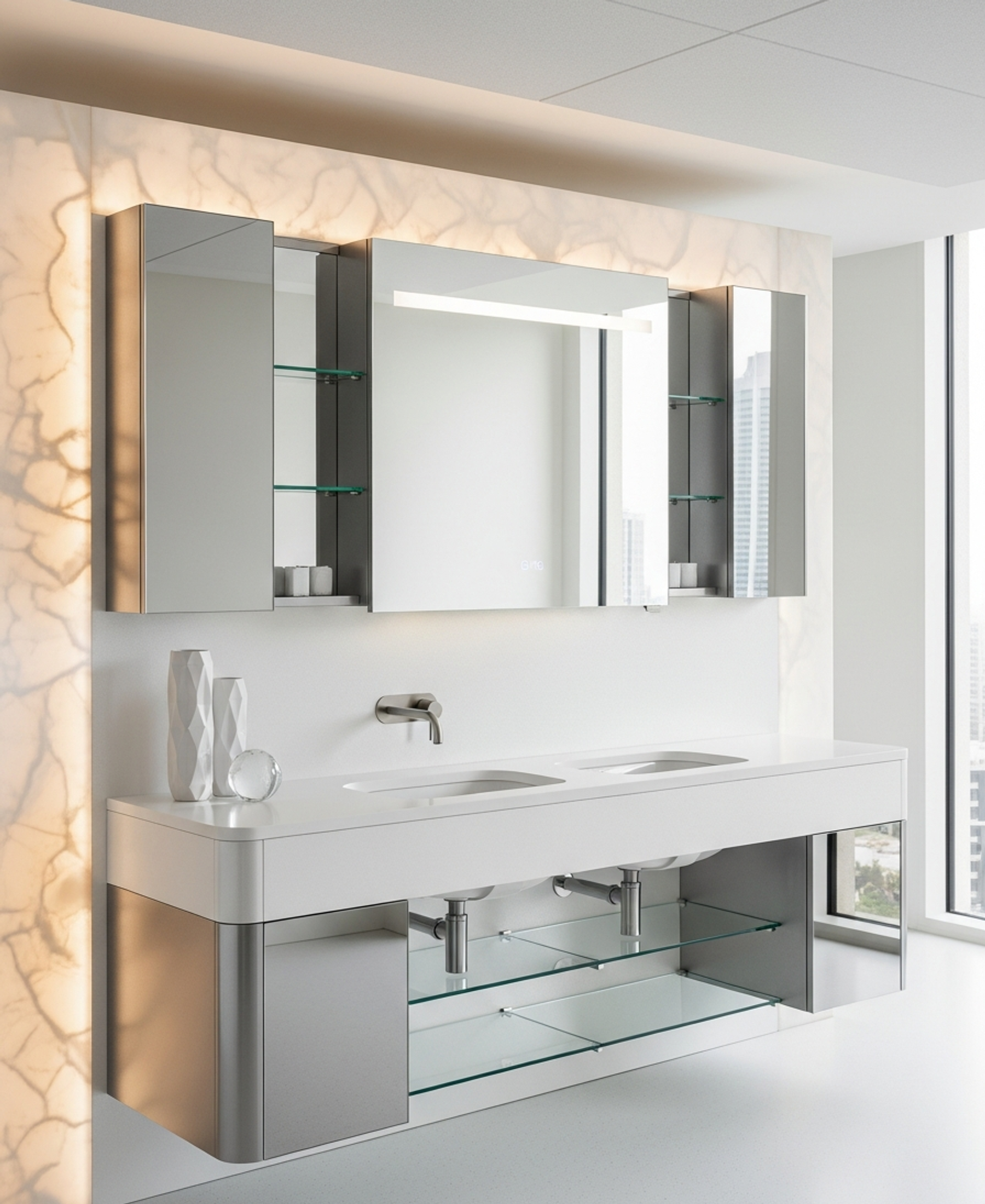 Fadior Acqua Luminous Vanity — 304 stainless steel bath and vanity system, front view