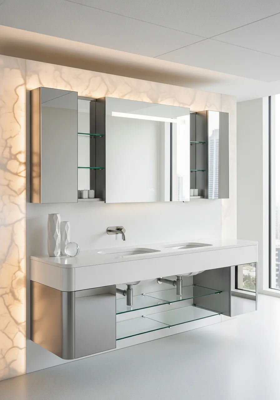 Fadior Acqua Luminous Vanity — 304 stainless steel bath and vanity system, front view