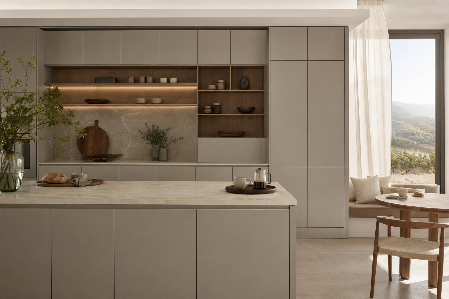 Fadior Silkstone Kitchen Suite with Slim Frame Culinary Wall — lifestyle setting with natural light and residential styling