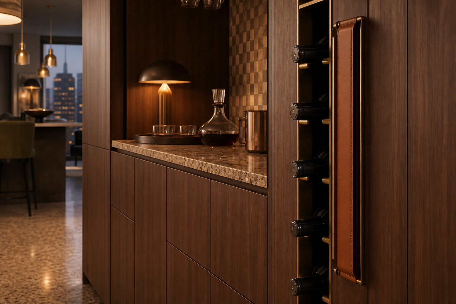 Fadior Gloria Wine Cabinet Suite with Cognac Gallery Tasting Bar — close-up of stainless steel finish and hardware detail