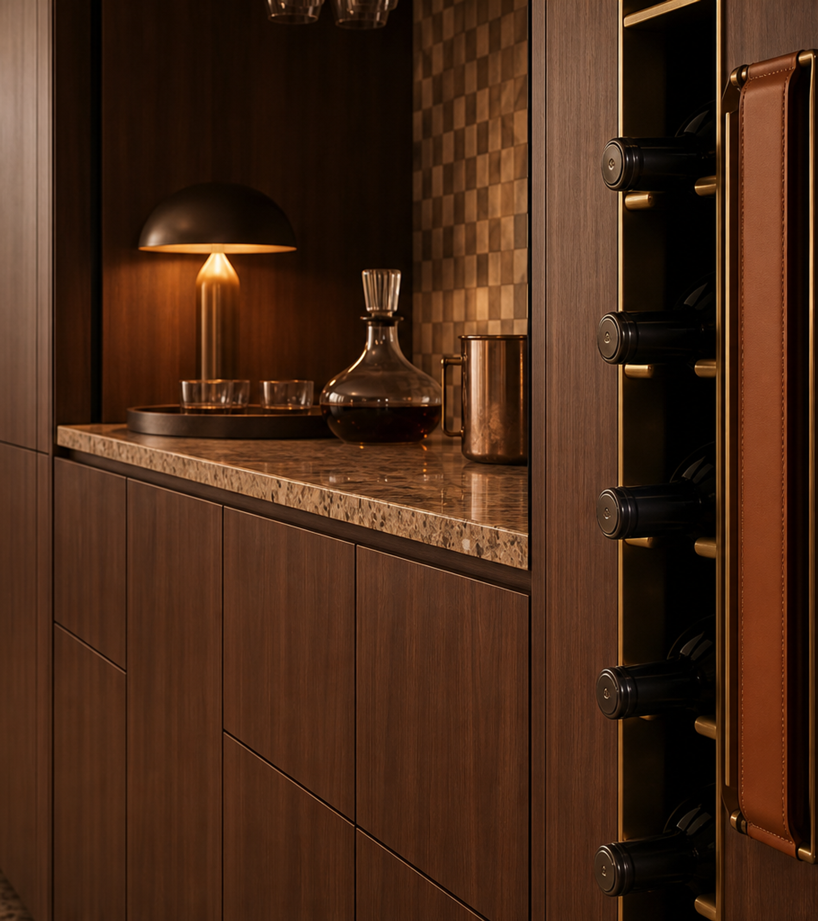 Fadior Gloria Wine Cabinet Suite with Cognac Gallery Tasting Bar — close-up of stainless steel finish and hardware detail