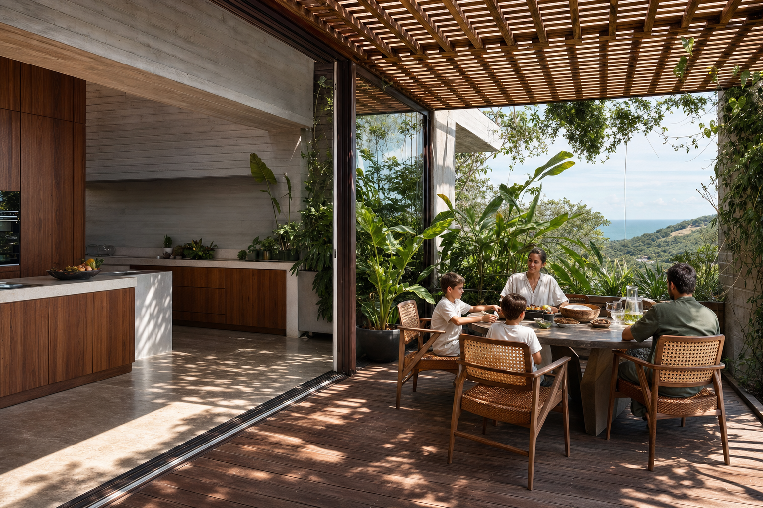 Fadior Lisbon 400 sqm Kitchen Villa — terrace table, kitchen counter, garden window, palm plants