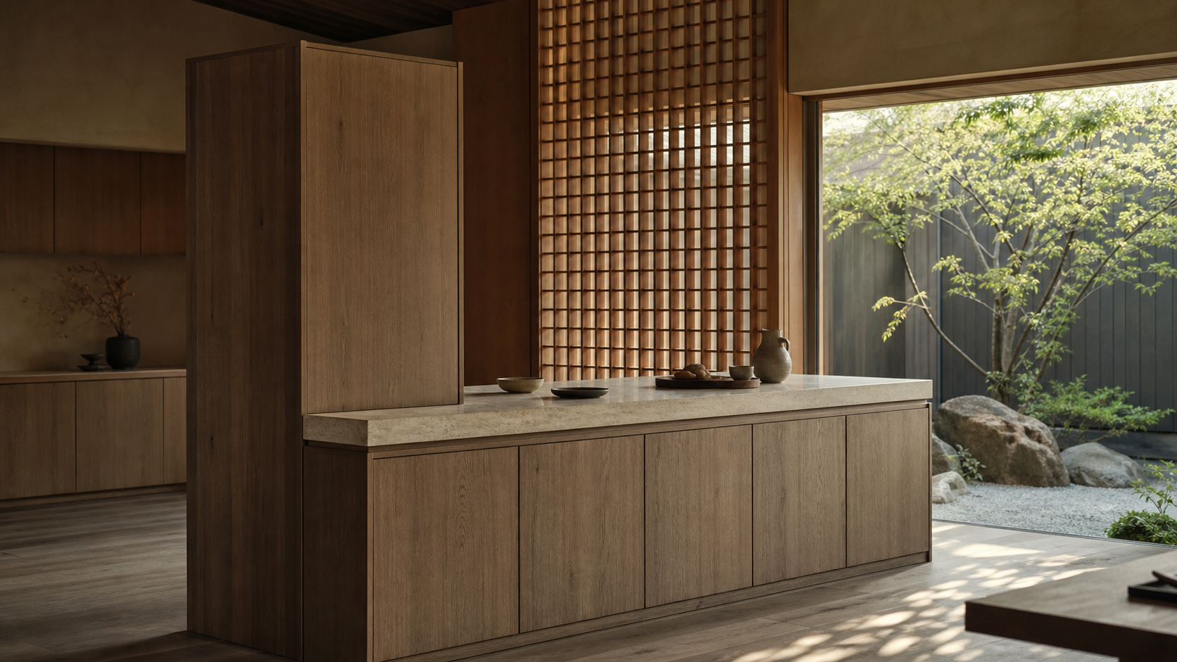 Fadior Dream Home Kitchen Suite with Breezeway Pantry Island — lifestyle setting with natural light and residential styling