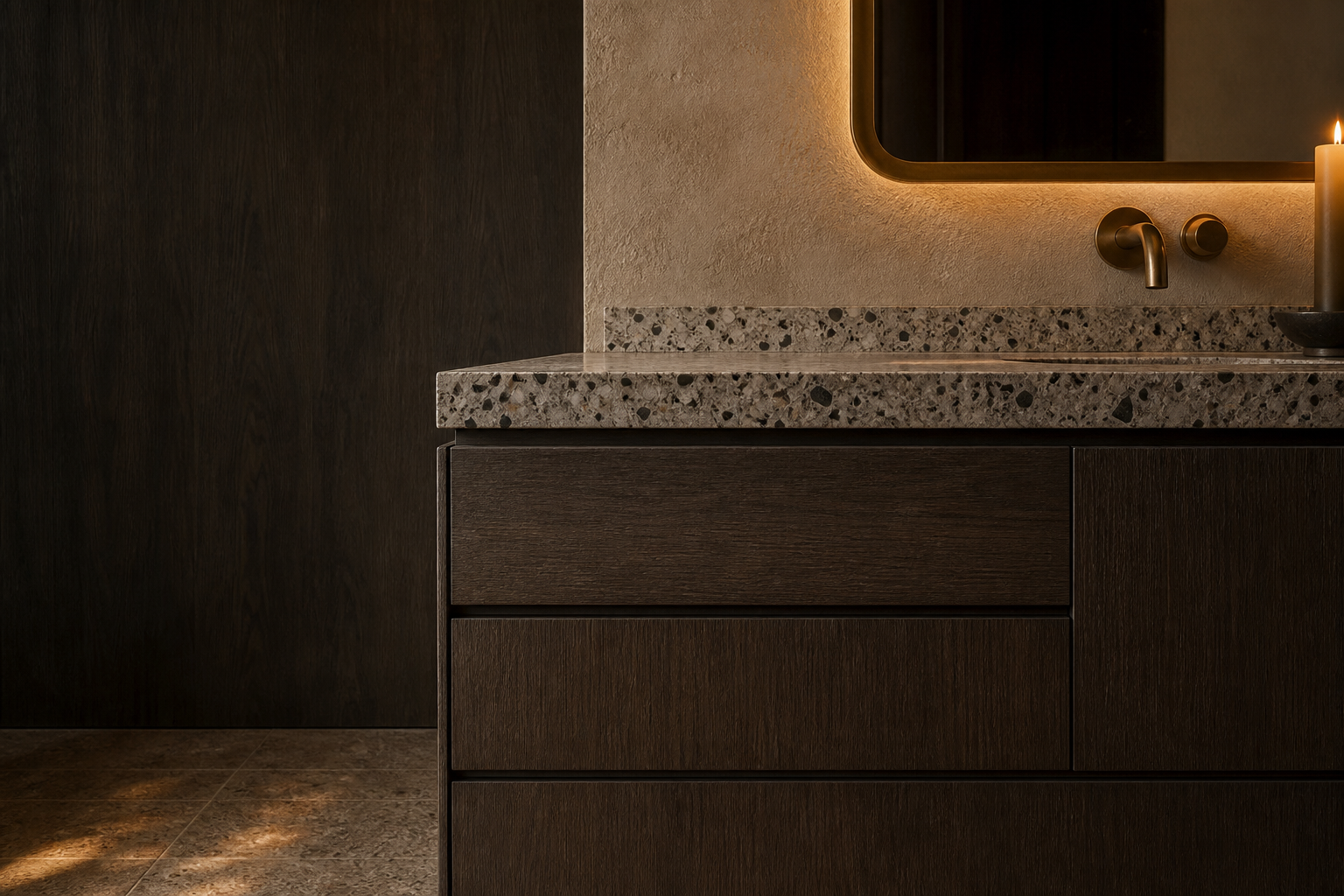 Fadior Nacre Bath and Vanity Suite with Aged Brass Mirror Bay — close-up of stainless steel finish and hardware detail