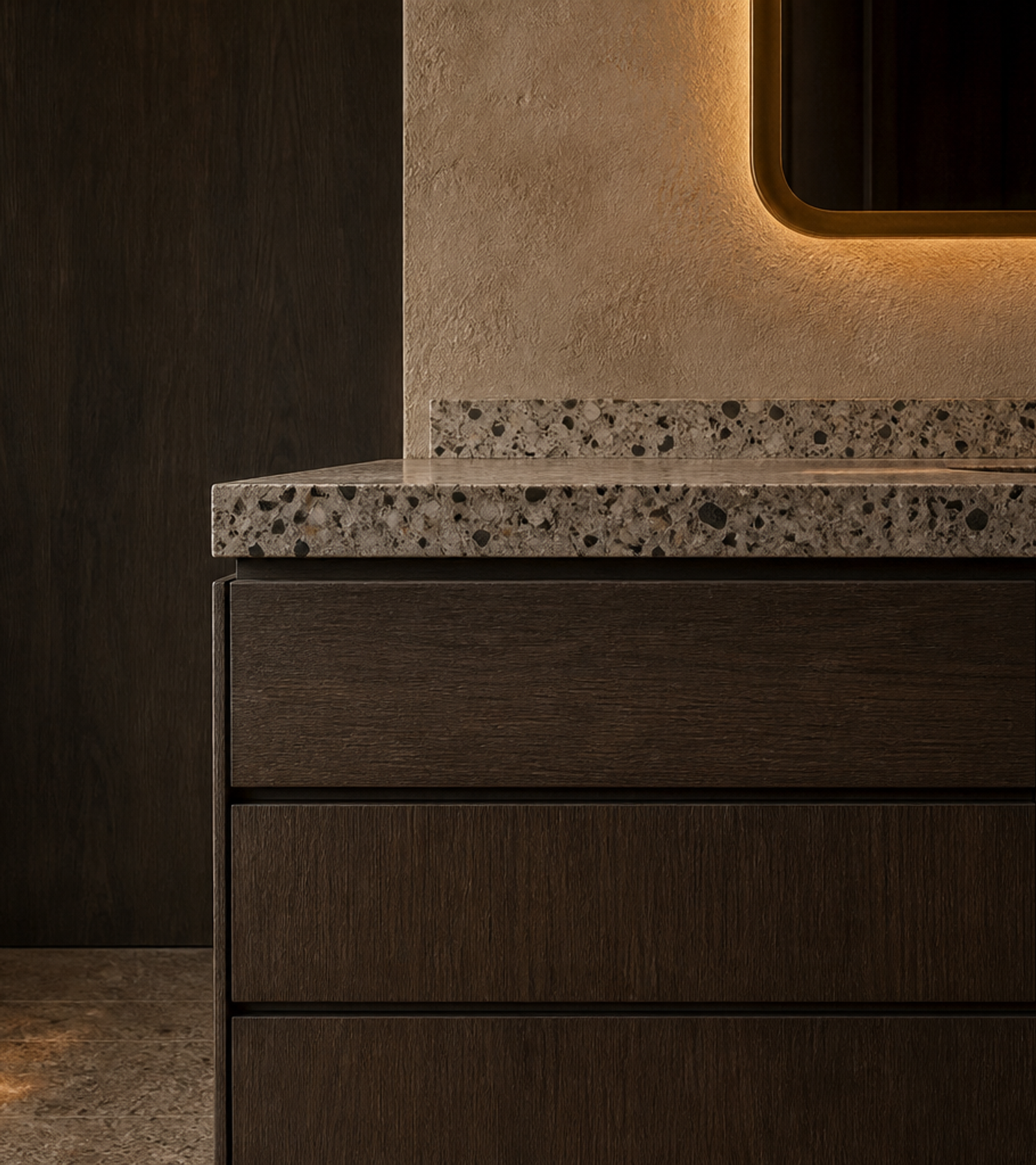 Fadior Nacre Bath and Vanity Suite with Aged Brass Mirror Bay — close-up of stainless steel finish and hardware detail
