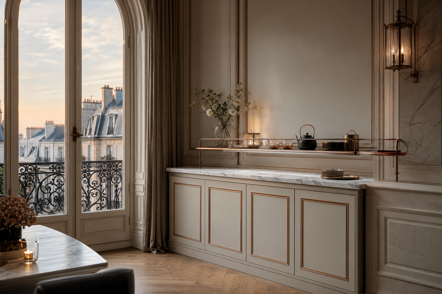 Fadior Dusk Balcony Suite with Lantern Rail Service Bar — lifestyle setting with natural light and residential styling