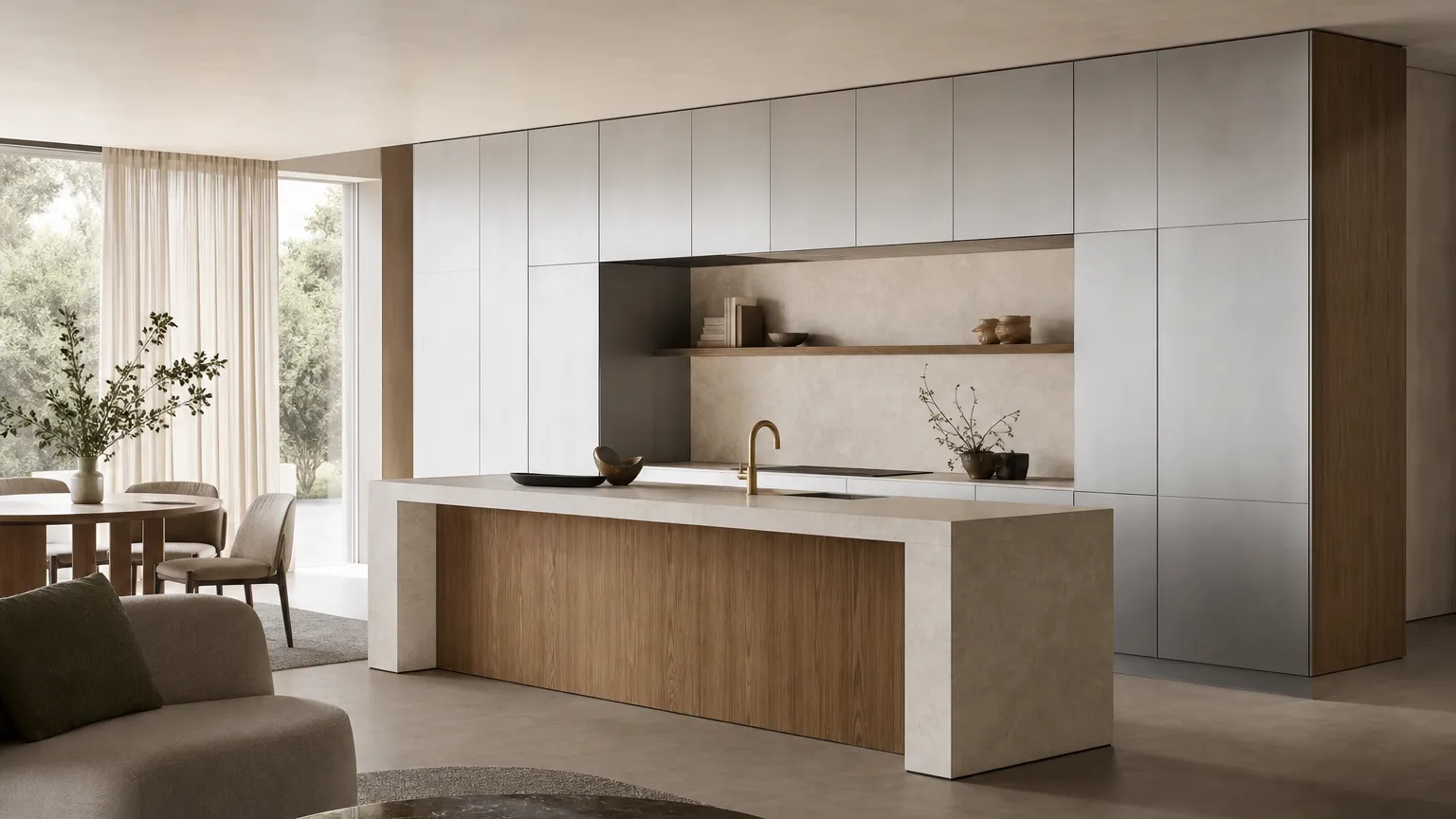 Kitchen atmosphere: restrained open-plan residence with warm oak-grain fronts, pale stone, satin silver-toned cabinetry,