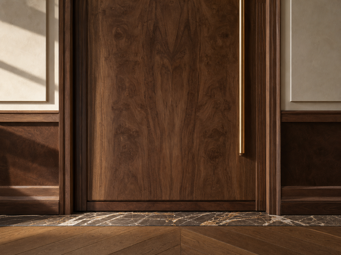 Fadior Silhouette Interior Door Suite with Walnut Edge Gallery Portal — close-up of stainless steel finish and hardware