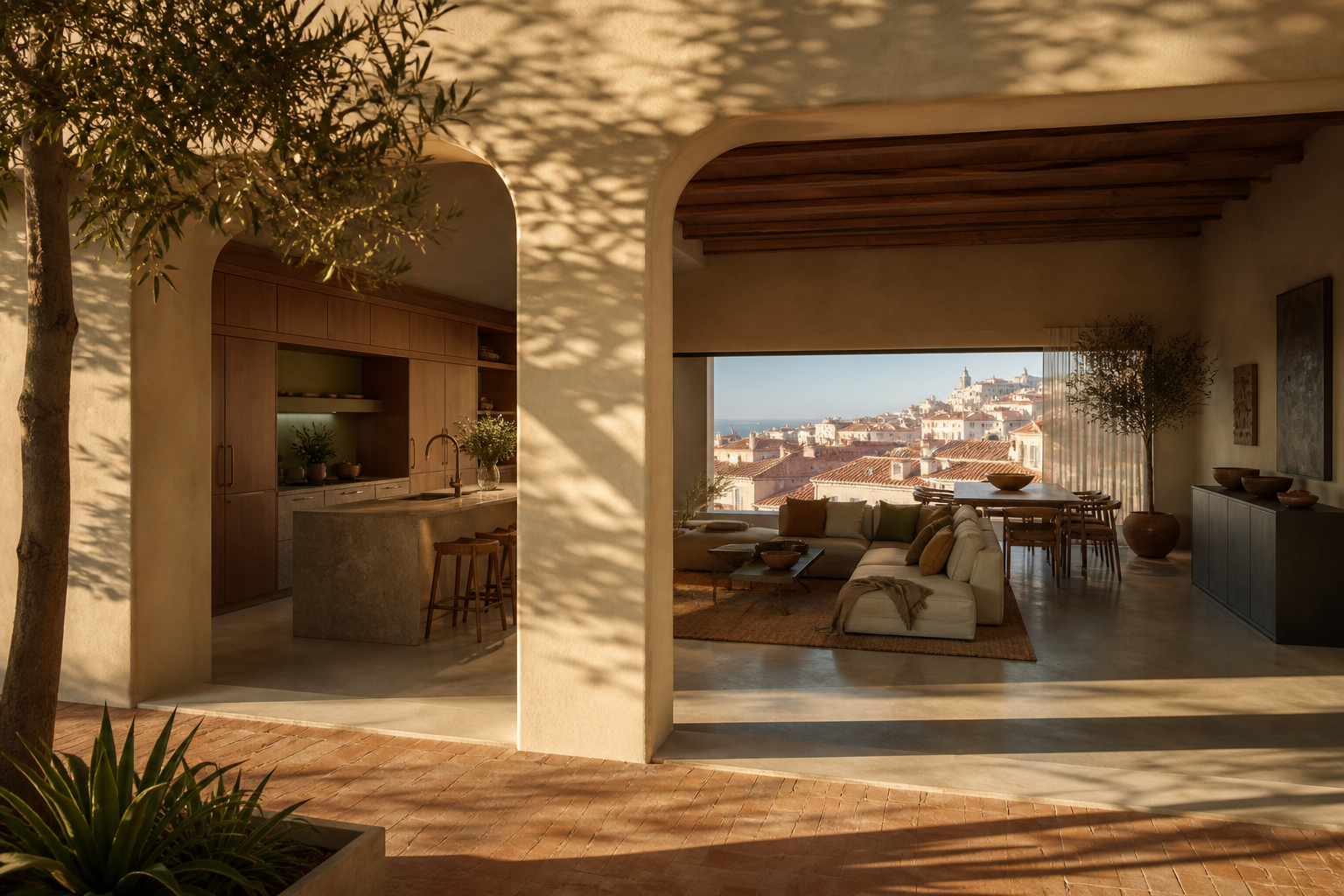 Fadior Lisbon 220 sqm Kitchen Penthouse — island, dining table, oak wall, terrace window