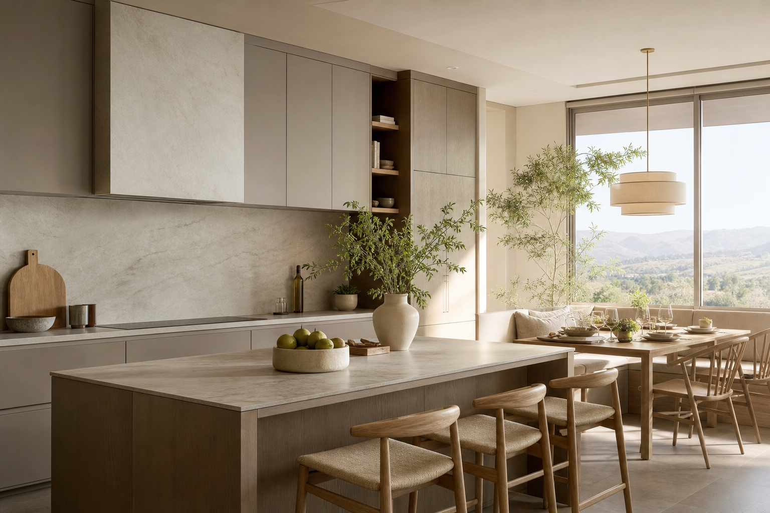 Calm family dining kitchen with warm grey cabinetry, pale stone island, and breakfast nook.