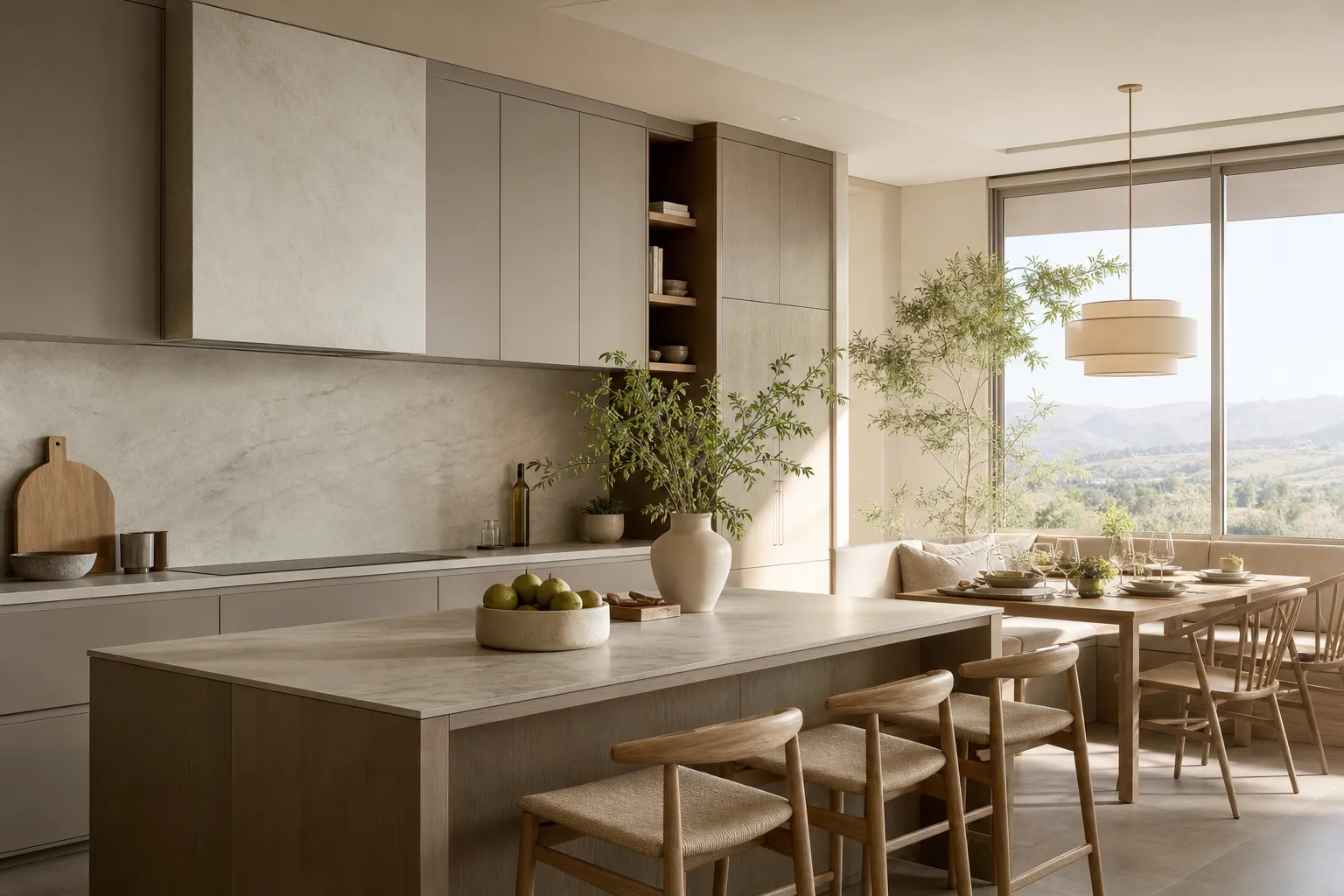Calm family dining kitchen with warm grey cabinetry, pale stone island, and breakfast nook.