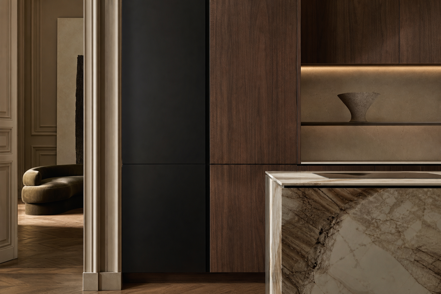 Fadior Meridian Kitchen Suite with Shadow Frame Galley — close-up of stainless steel finish and hardware detail