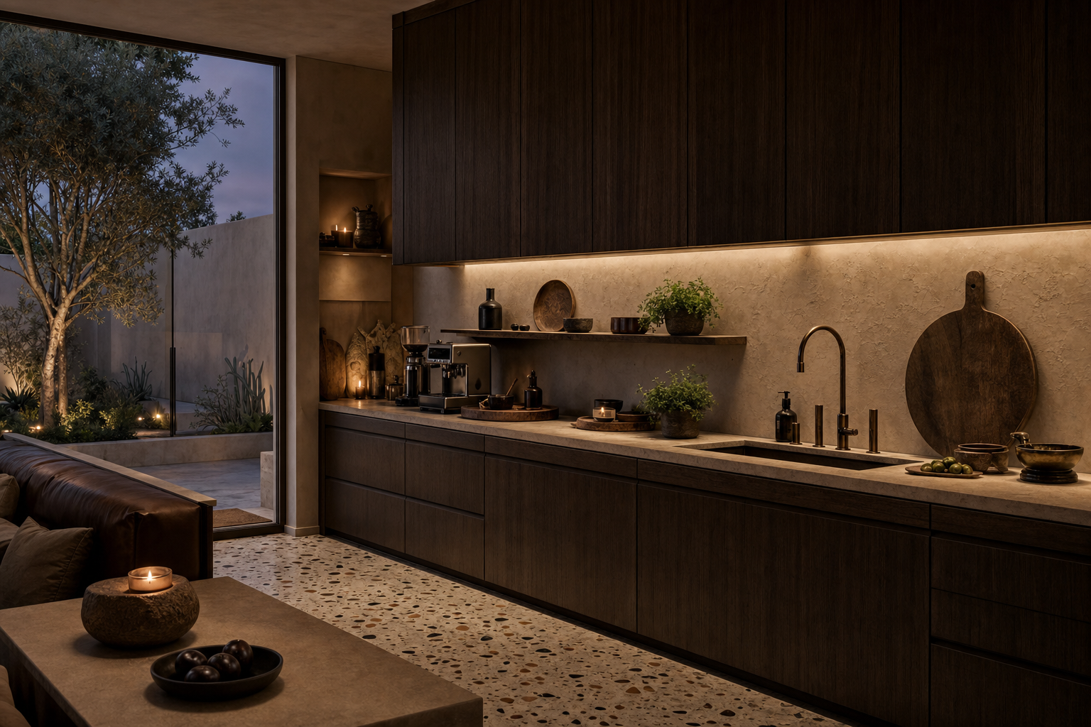 Fadior Muscat 280 sqm Kitchen Villa — Muscat villa kitchen workstation with stone counter, cabinet wall, plaster backsplash,