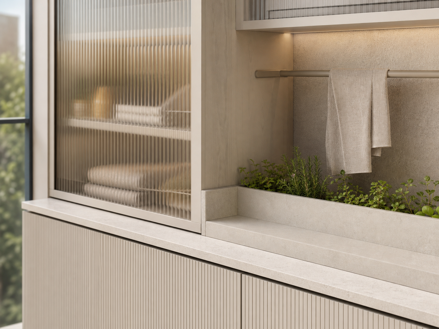 Fadior Dusk Balcony Suite with Reeded Linen Drying Hutch — close-up of stainless steel finish and hardware detail