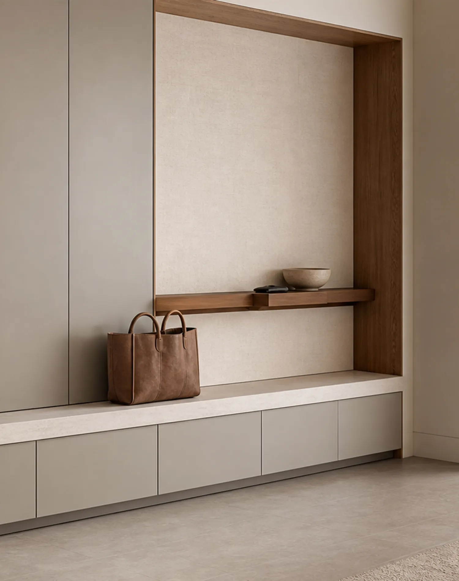 Fadior Savile Entryway Suite with Saddle Tray Bench — lifestyle setting with natural light and residential styling