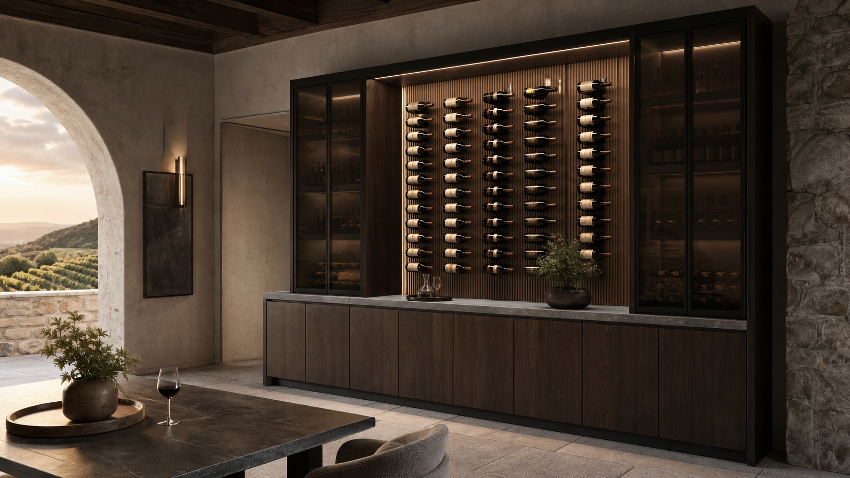 Fadior Grotto Wine Cabinet Suite with Vertical Bottle Gallery Bar — lifestyle setting with natural light and residential