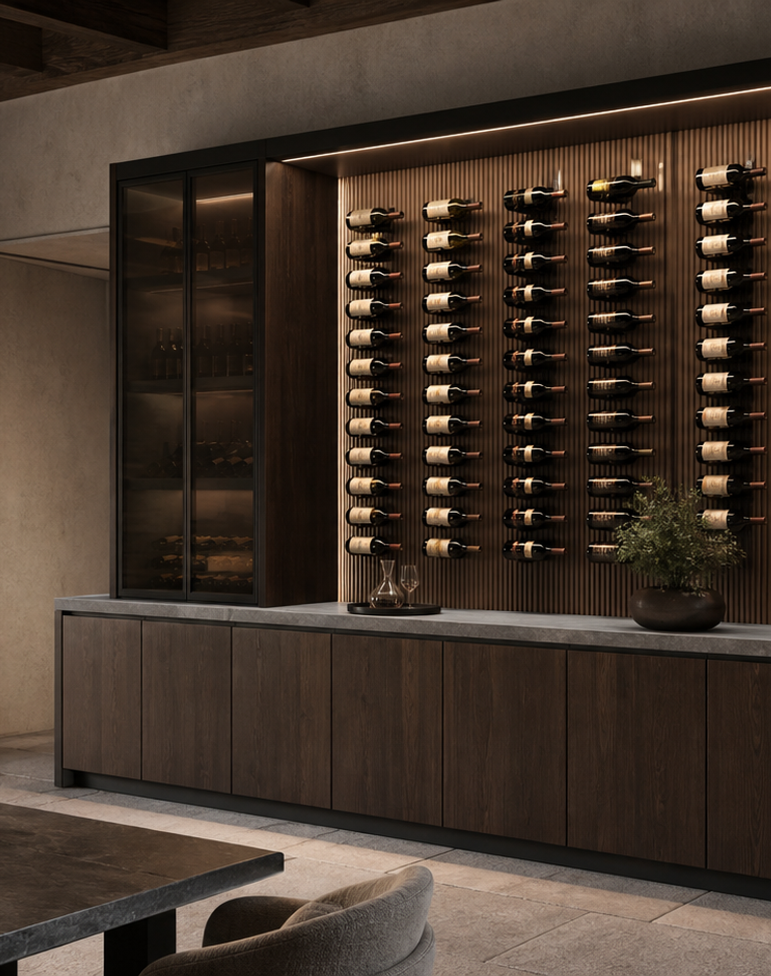 Fadior Grotto Wine Cabinet Suite with Vertical Bottle Gallery Bar — lifestyle setting with natural light and residential