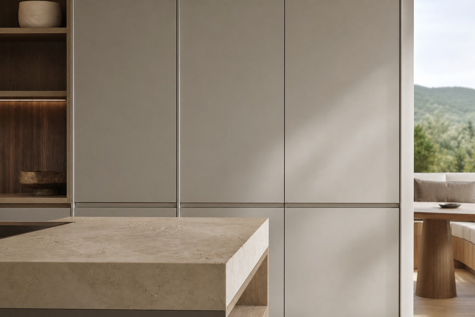 Fadior Silkstone Kitchen Suite with Slim Frame Culinary Wall — close-up of stainless steel finish and hardware detail