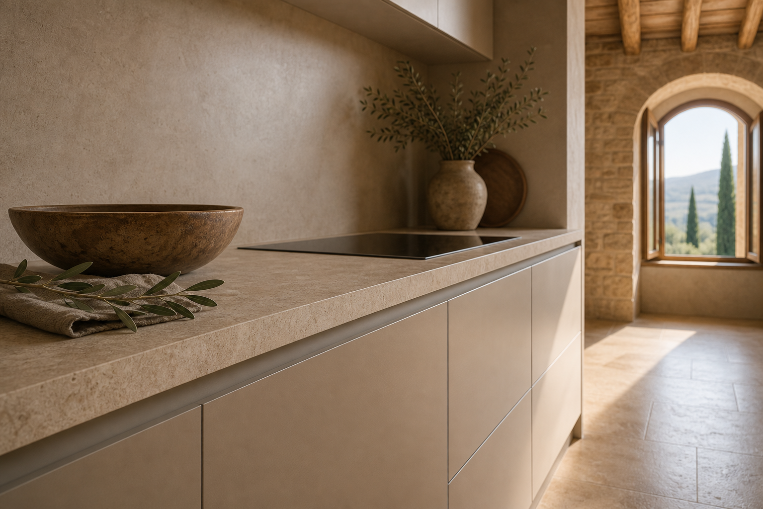 Fadior Siena Compact Residence — cabinet fronts, stone counter, ceramic bowl, linen napkin, olive branch, arched window