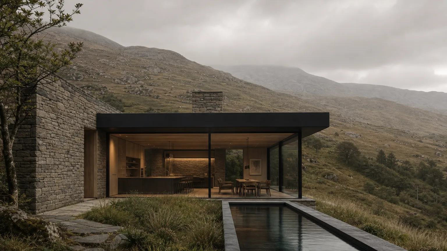 Retreat-like luxury kitchen and dining room seen through glazing with weathered stone and meadow views.