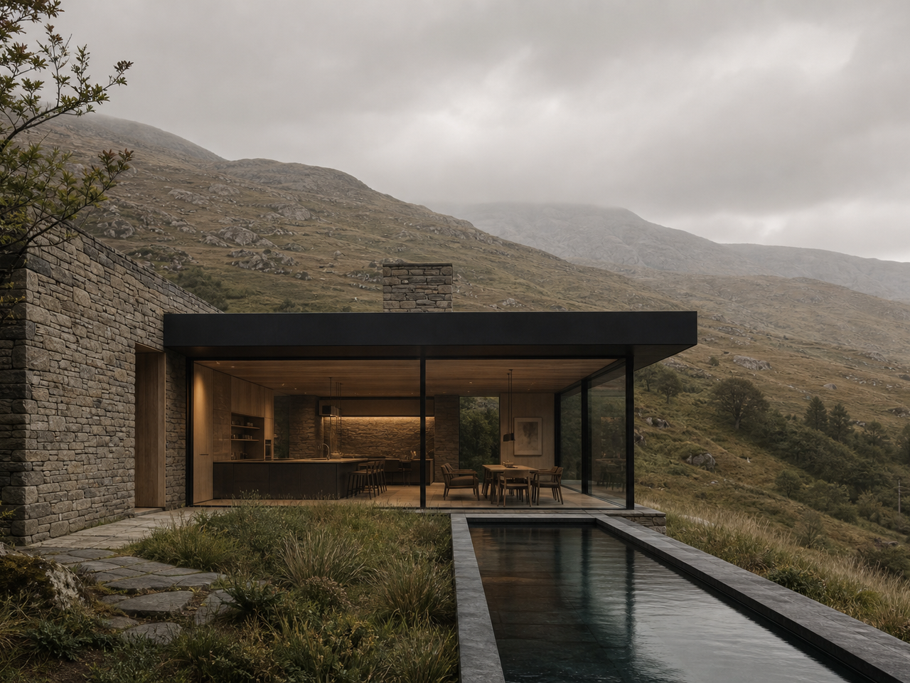 Retreat-like luxury kitchen and dining room seen through glazing with weathered stone and meadow views. — 304 stainless steel cabinetry editorial by Fadior