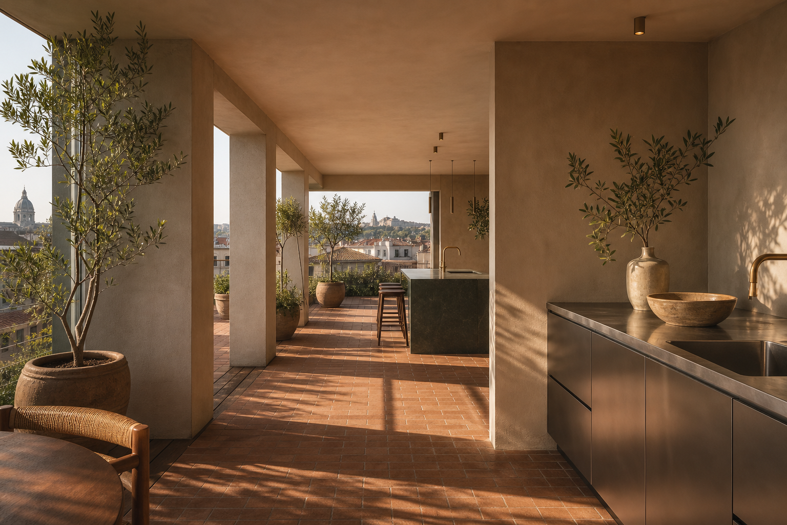 Fadior Budapest 125 sqm Kitchen Penthouse — Rooftop — Budapest finish study with stainless counter, aged terracotta tile,