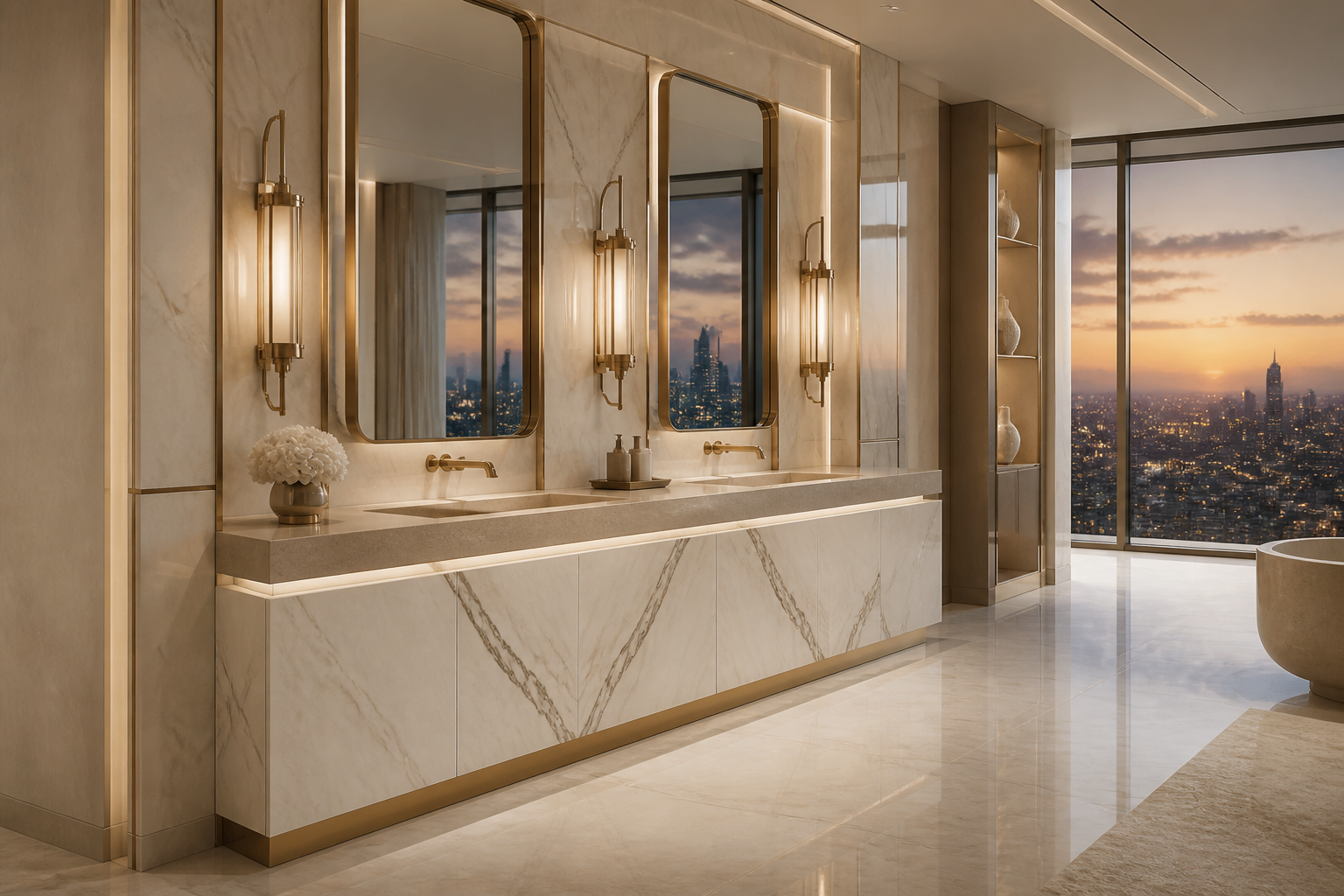 Conjunto de tocador Voyage Bath con linterna de lavabo esculpida perspectiva interior
