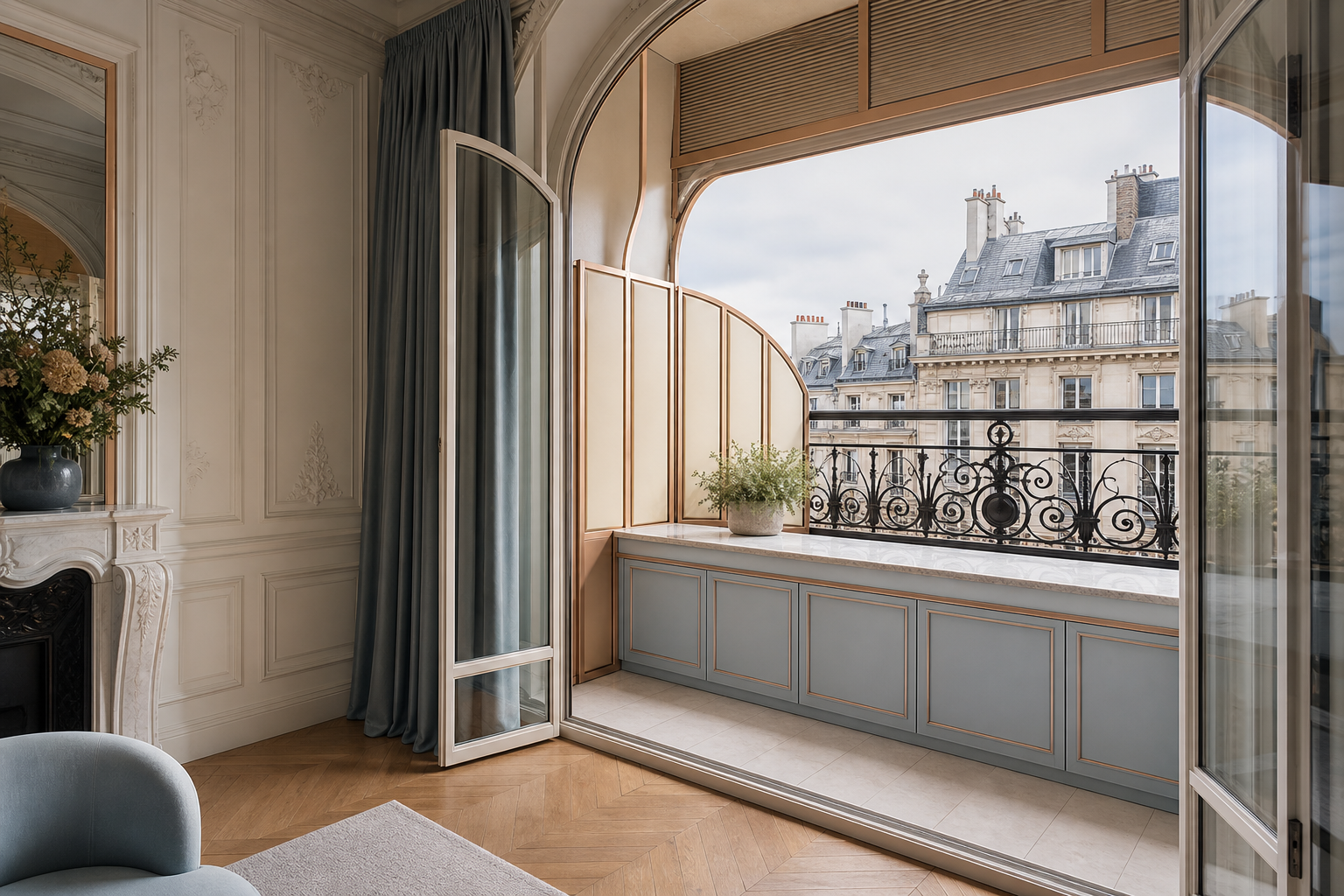 Fadior Soleil Balcony Suite with Privacy Eave Console — lifestyle setting with natural light and residential styling