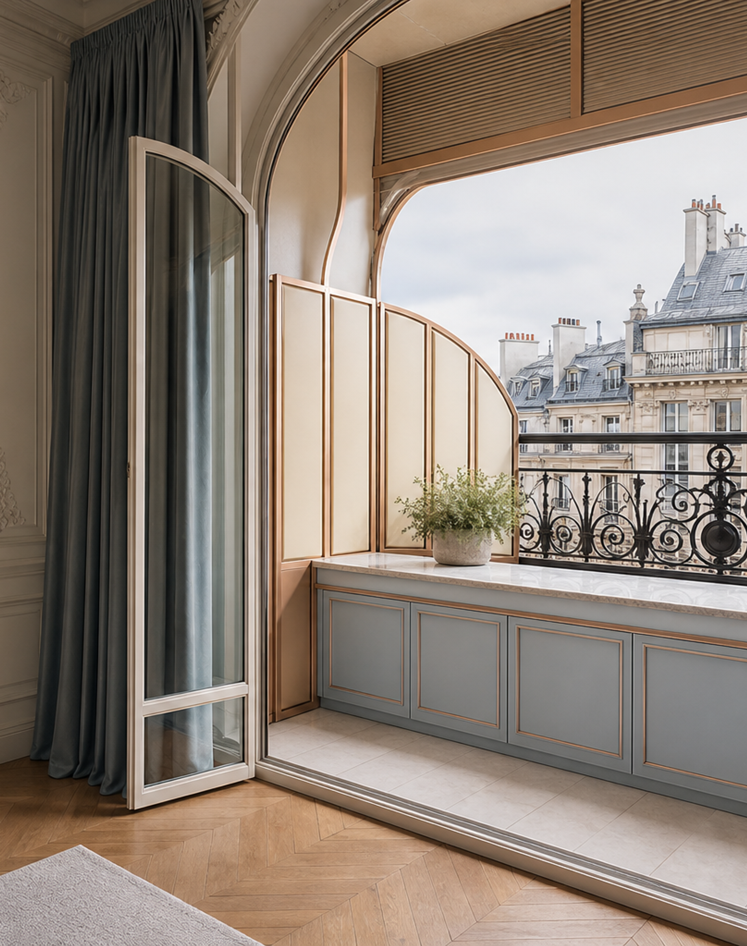 Fadior Soleil Balcony Suite with Privacy Eave Console — lifestyle setting with natural light and residential styling