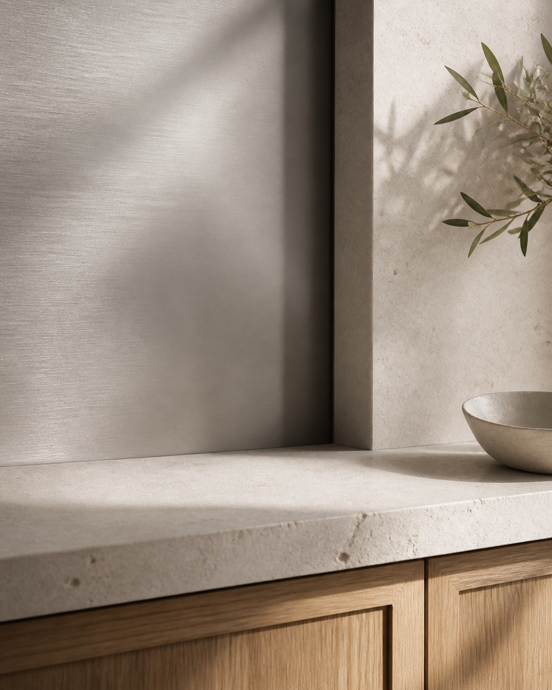 Close material study of a brushed silver-gray wall panel meeting pale limestone and warm oak cabinet fronts.